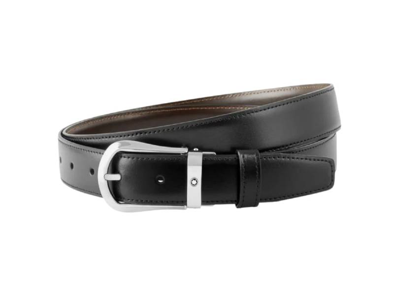 SELF- ADJUSTABLE REVERSIBLE BLACK/BROWN BELT SHINY PALLADIUM FINISH ROUNDED TRAPEZE BUCKLE MONTBLANC 118425